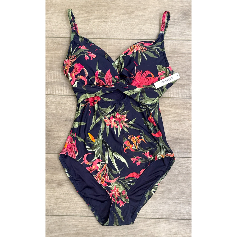 NWT SOMA LE TIGRE TROPICAL NAVY TWIST FRONT KEY HOLE ONE PIECE SWIMSUIT SZ 10